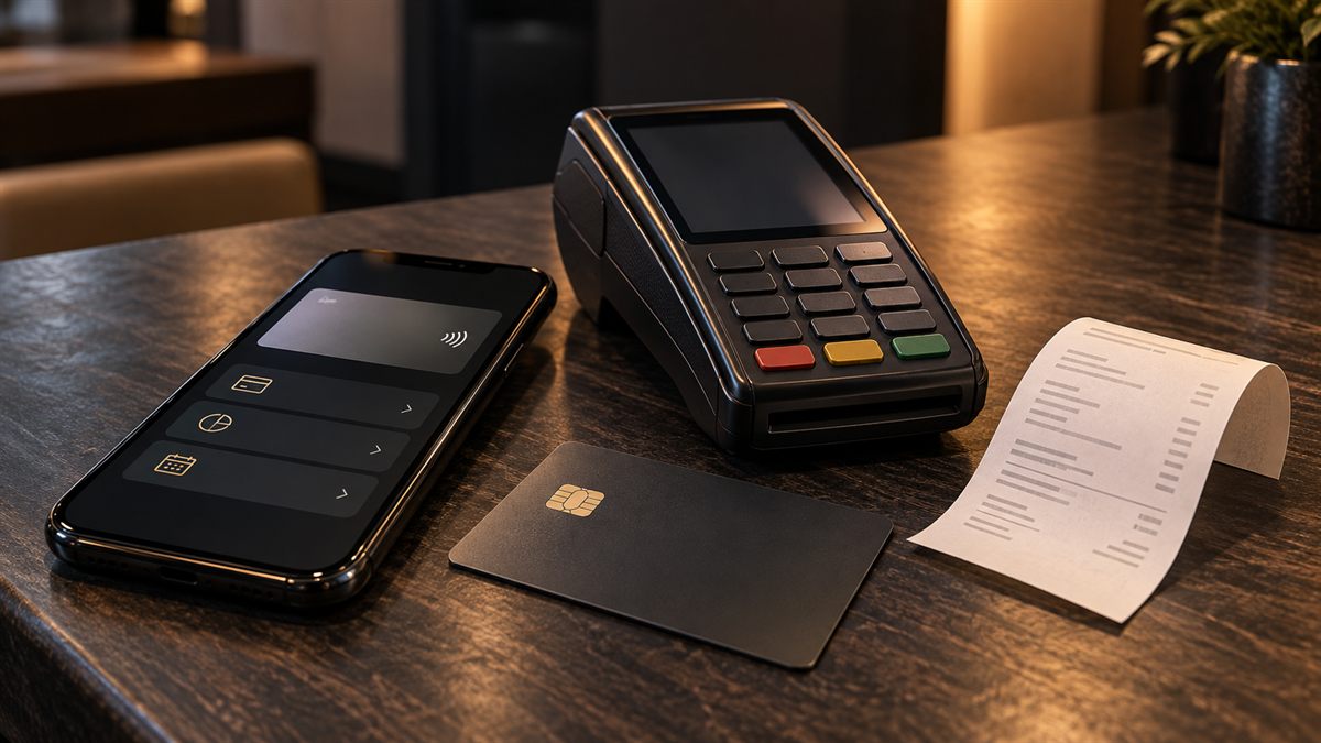 Maquininha de cartão, celular com carteira digital, cartão preto e comprovante sobre um balcão
