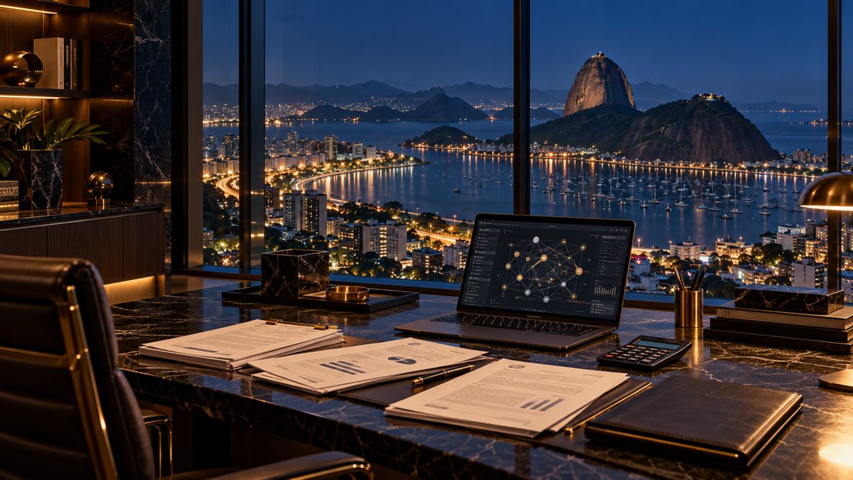 Mesa de escritório com documentos, laptop exibindo um grafo de relações societárias e vista noturna da cidade
